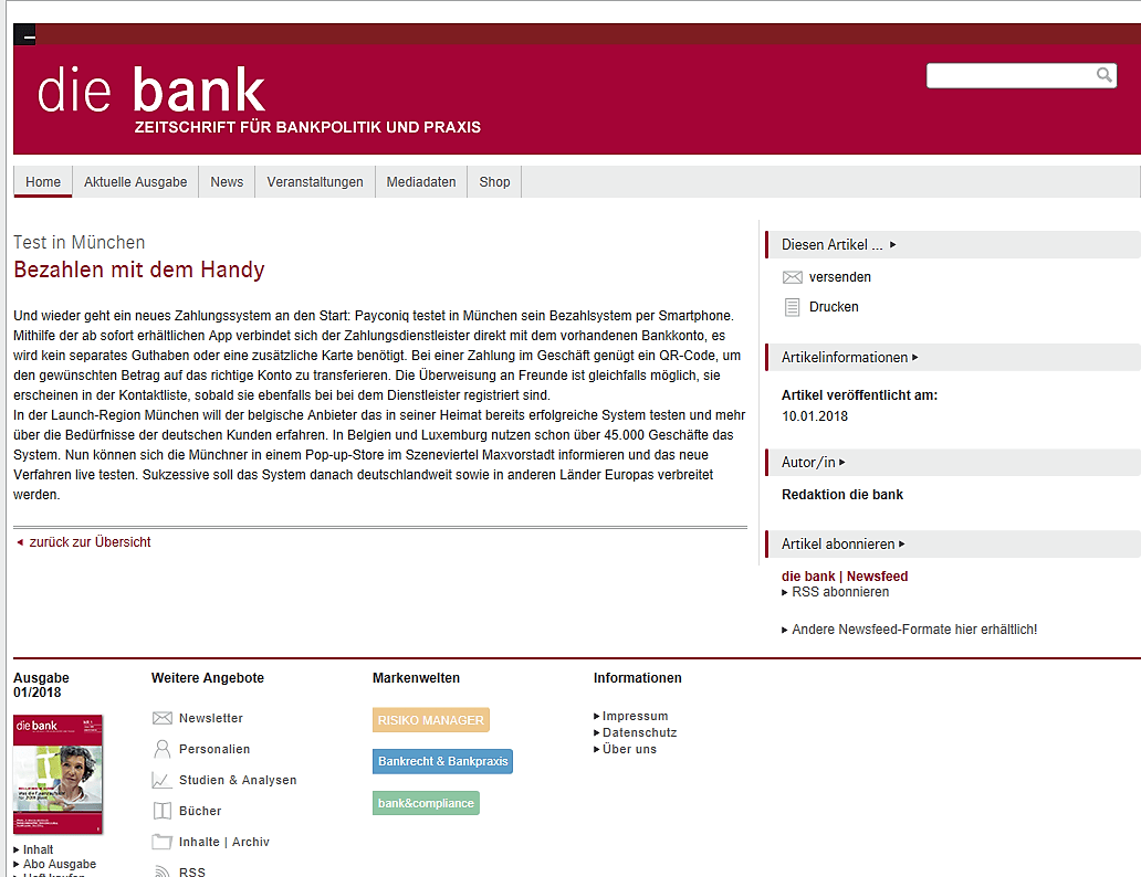 Fachmagazin Die BANK: Start von payconiq