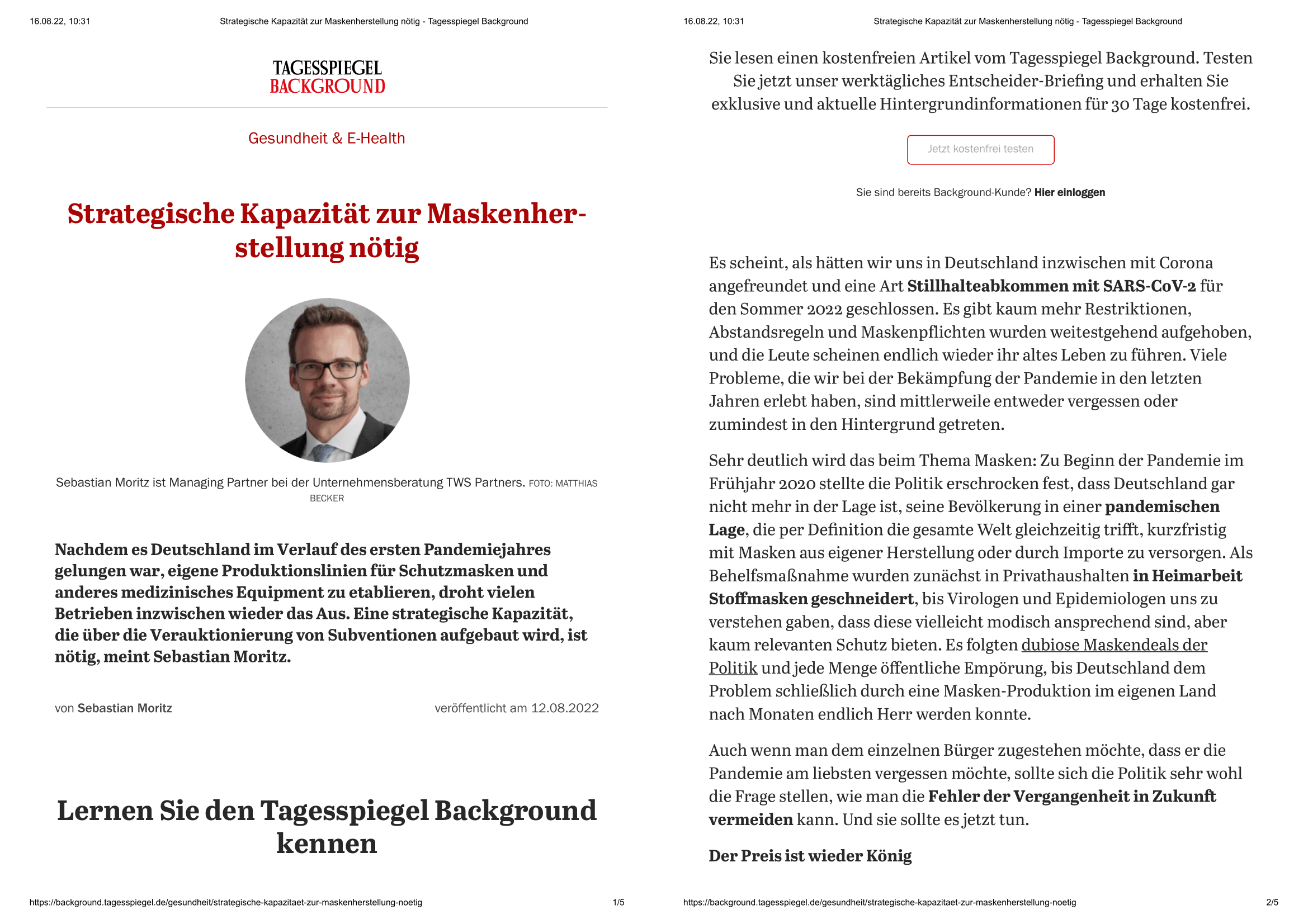 Our client in German Magazine tagesspiegel health issue